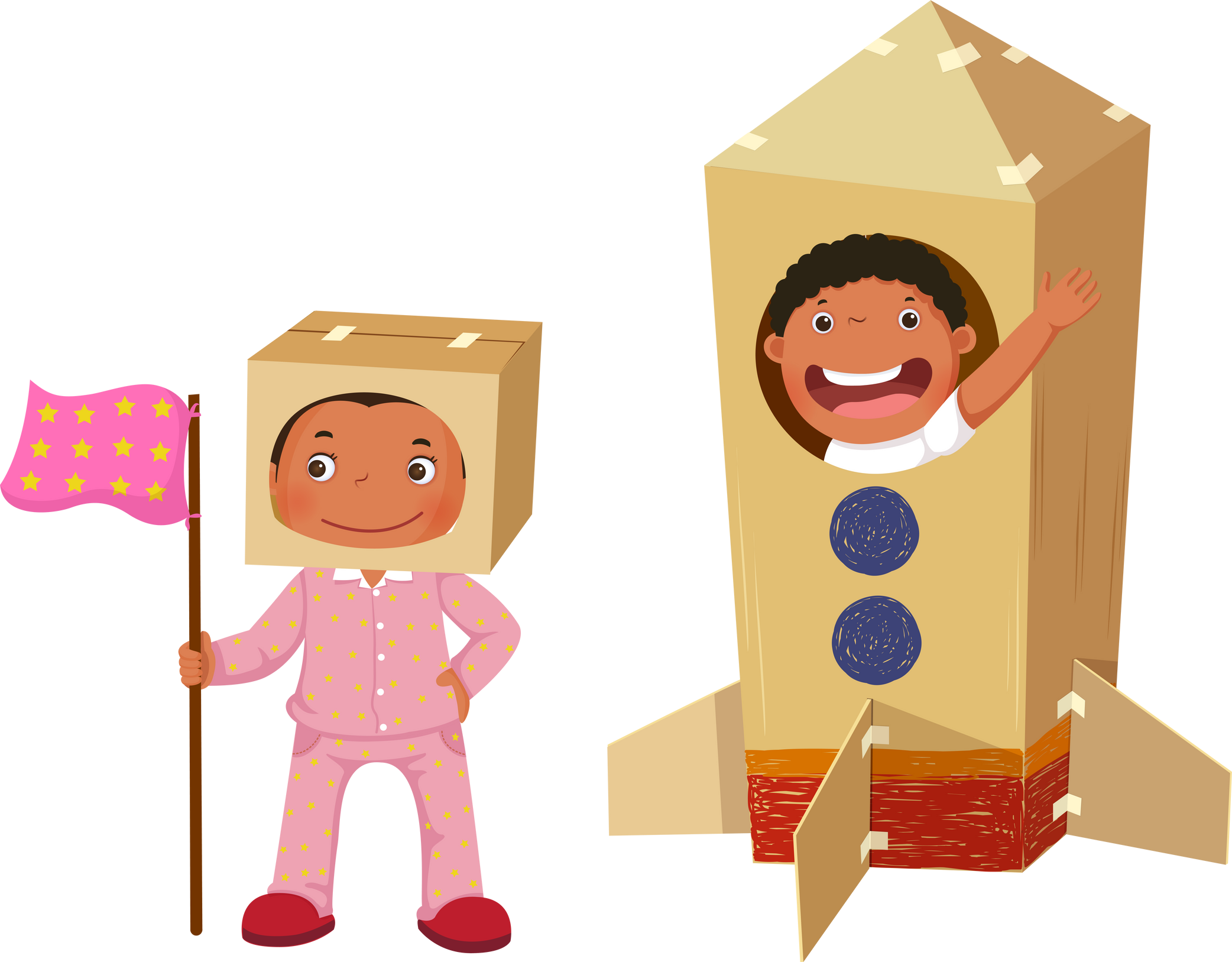 Cartoon girl playing as astronaut and boy in rocket made of cardboard box